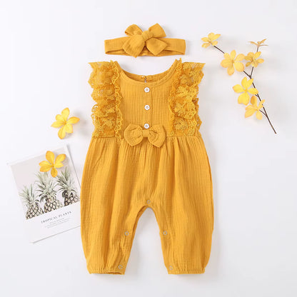 LunaLinen – Baby Girl Cotton Romper & Headdress Set