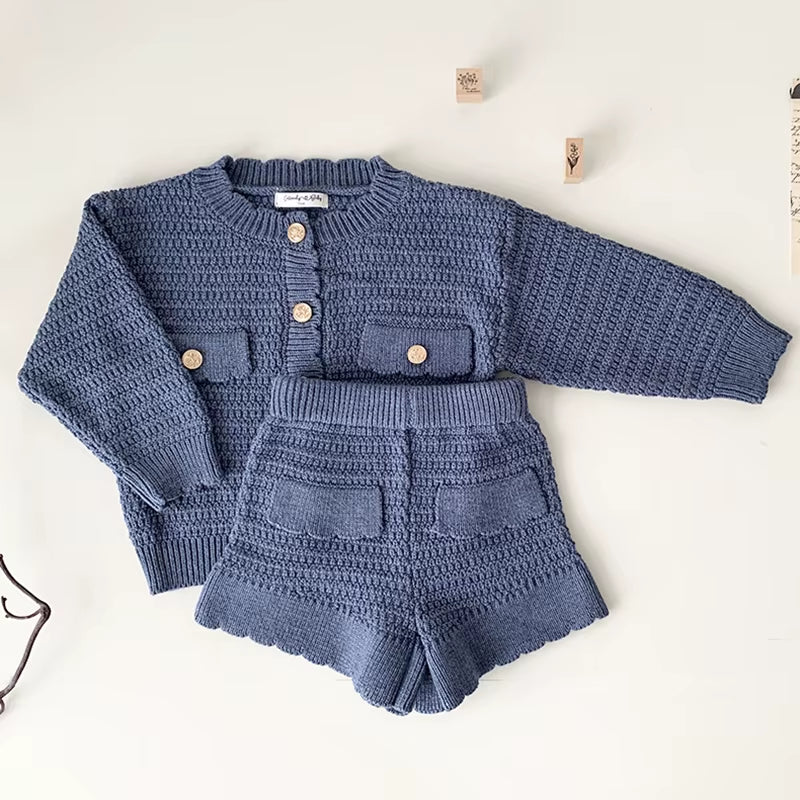 Autumn Girls Knit Suit Winter Toddlers Girls Knitted Sets Cardigan Sweater Shorts 2Pcs Koreanbaby Kids Princess Outfits Suits