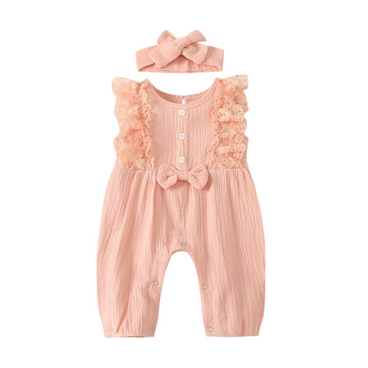 LunaLinen – Baby Girl Cotton Romper & Headdress Set