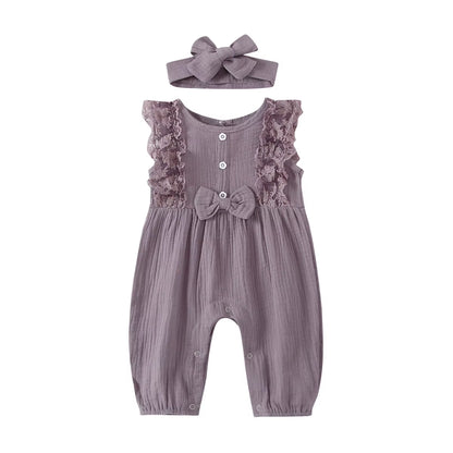 LunaLinen – Baby Girl Cotton Romper & Headdress Set